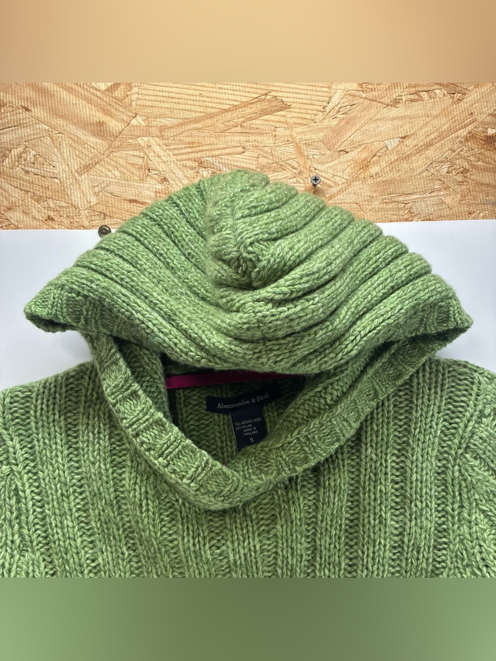 Vintage Y2K Abercrombie & Fitch Small Merino Wool Ribbed Green Hooded Sweater - Picture 4 of 5